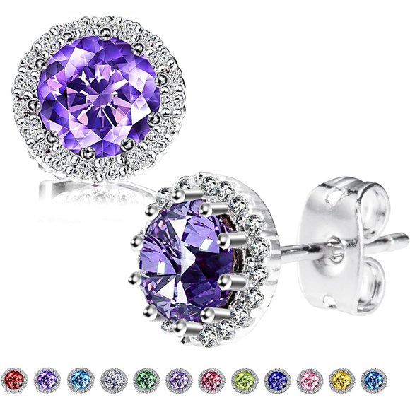 New  AmethystFebruary Birthstone Stud Earrings Set, Copper Plated Cubic … - Picture 1 of 16